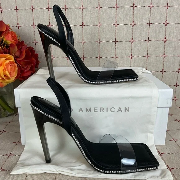 Good American Satin Strappy Heels Square Toe Sz 8.5 Black Satin & Rhinestones - Picture 7 of 7